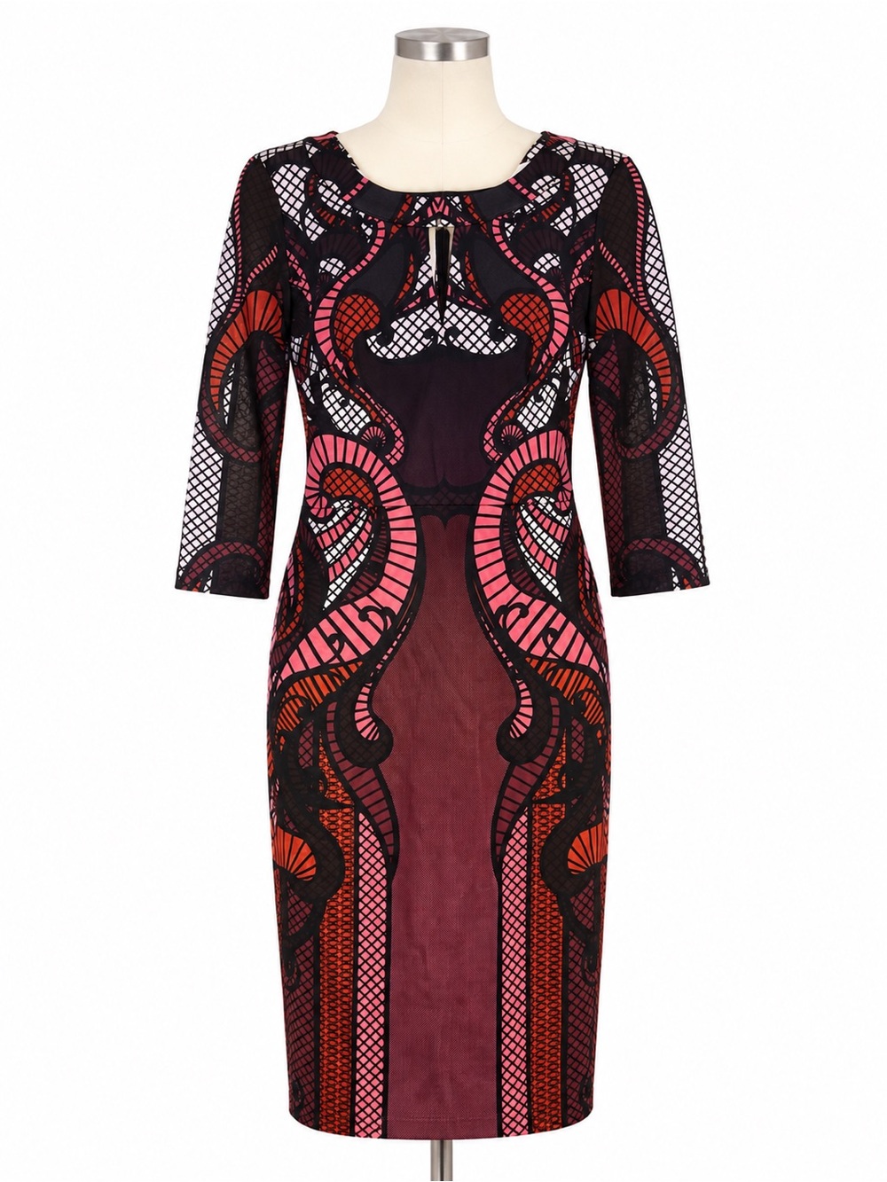 Beige by eci Black Pink Red Patterned Long Sleeve Sheath Dress